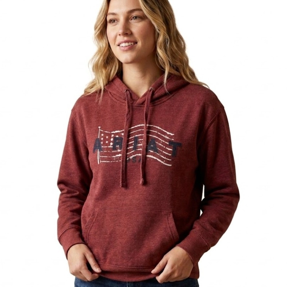Ariat Hoodie Women M/L Red American Flag Graphic Pullover Sweatshirt Western